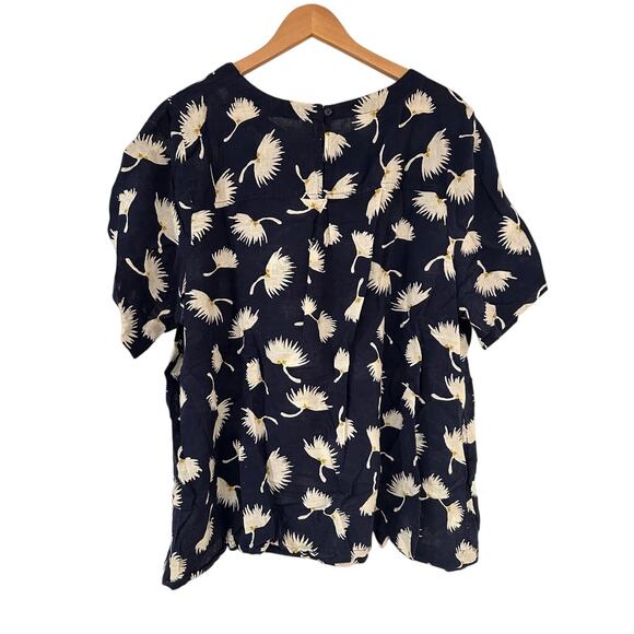 Old Navy Plus 3X Navy Blue Linen Top Blouse White Floral Print Short Sleeve - Picture 2 of 6